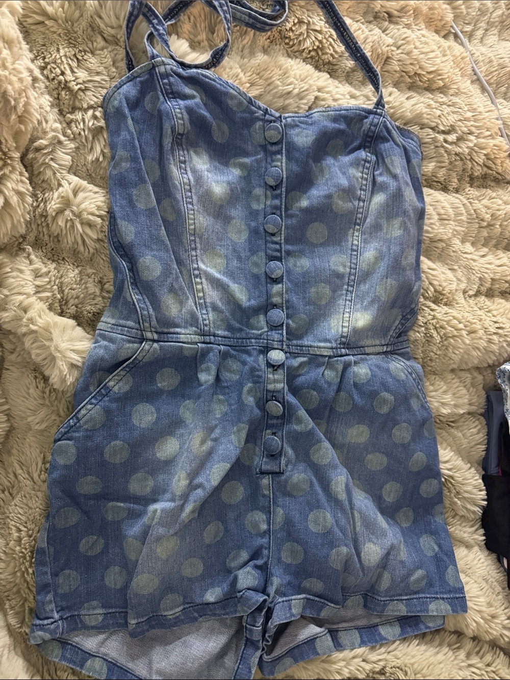 Miss Selfridge Polka Dot Denim Romper - Light Blue